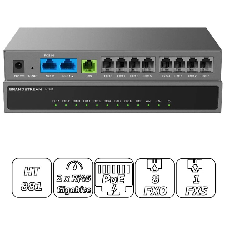 Passerelle analogique Grandstream HT881 8x FXO, 1x FXS, 2x RJ45 dont un avec PoE-IN, 3 profils SIP via le port FXS