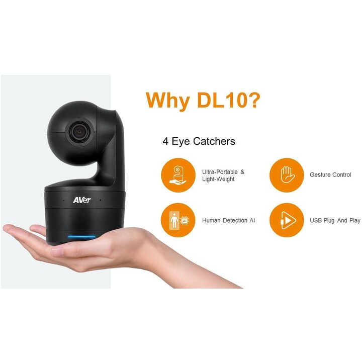 Cámara AVer DL10 Full HD, zoom 3X, USB, RJ45, seguimiento automático, micrófono integrado, control por gestos