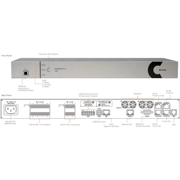 Clearone Converge Pro 2 Dsp Mixer com 4 entradas de microfone/linha (aec), 8 saídas de microfone/linha, áudio USB integrado, int