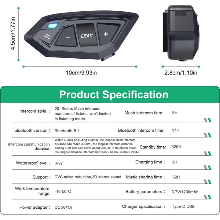 Intercomunicador para Moto EJEAS MS20 Bluetooth Negro