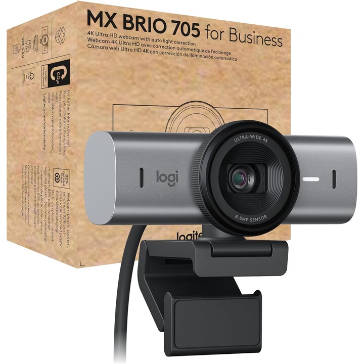 Logitech MX Brio 705 Cámara web empresarial 4K con corrección automática de exposición, Ultra HD, rango automático