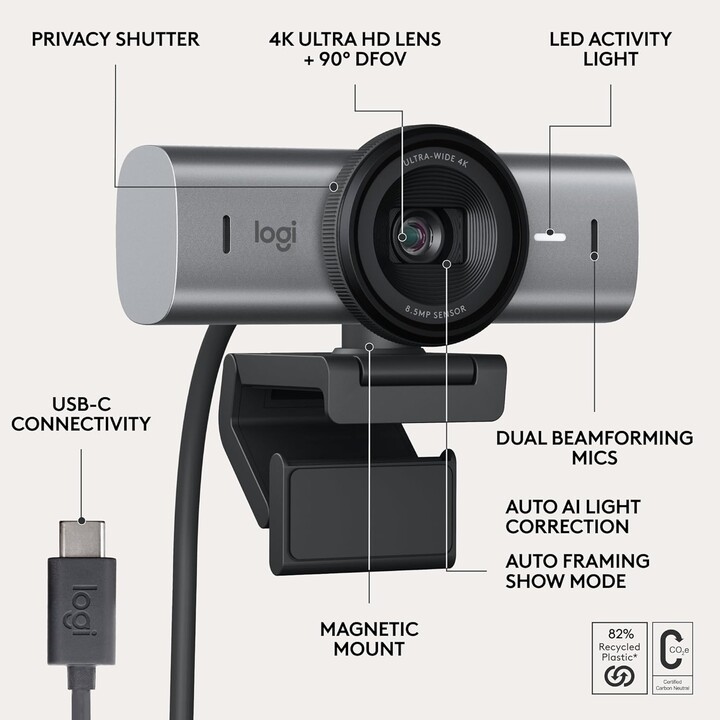 Logitech MX Brio 705 Cámara web empresarial 4K con corrección automática de exposición, Ultra HD, rango automático