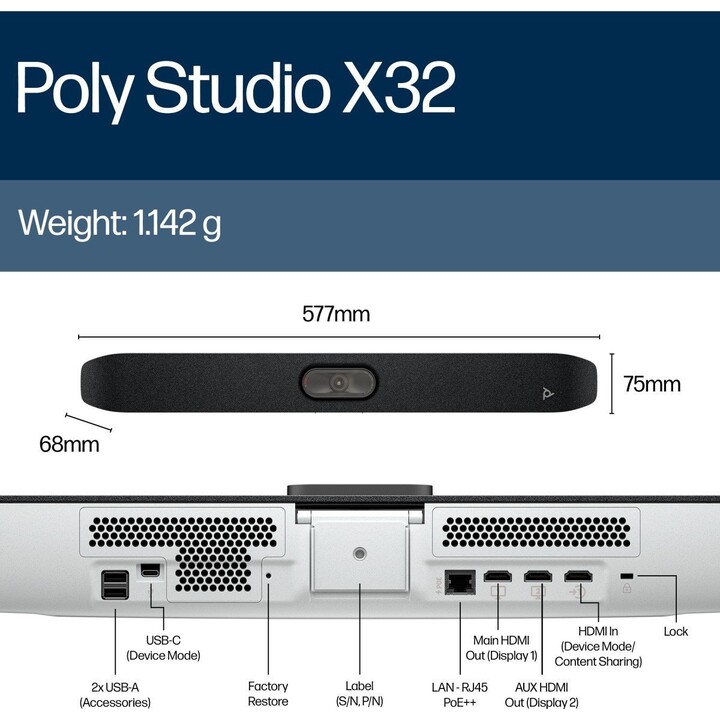 Poly Studio X32 All-in-One AI Video Conferencing Bar, ideal for small rooms