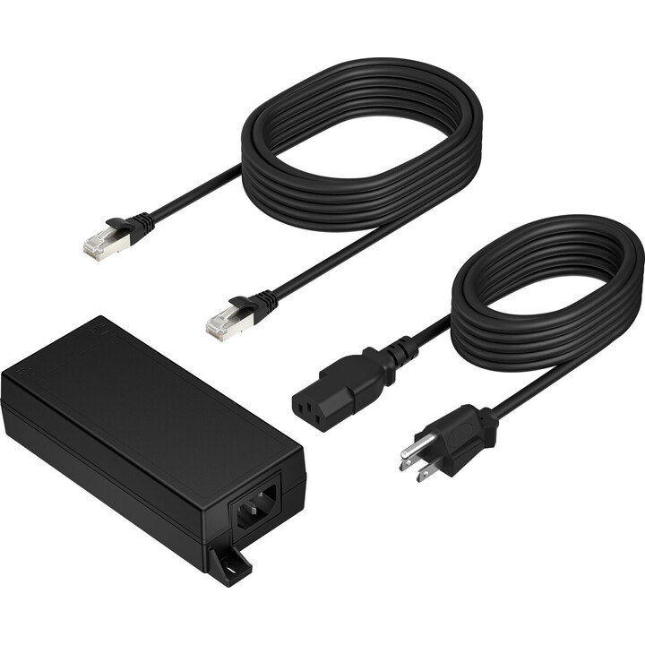 Adaptador PoE++ 65W 2.5G com cabo CAT6A de 3,66m e cabo de alimentação.