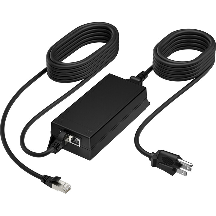 Adaptador PoE++ 65W 2.5G com cabo CAT6A de 3,66m e cabo de alimentação.