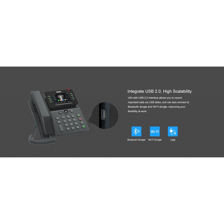 Fanvil V63 Teléfono IP, Gigabit Ethernet, 6 líneas, Wi-Fi, Bluetooth, 1000 contactos, negro