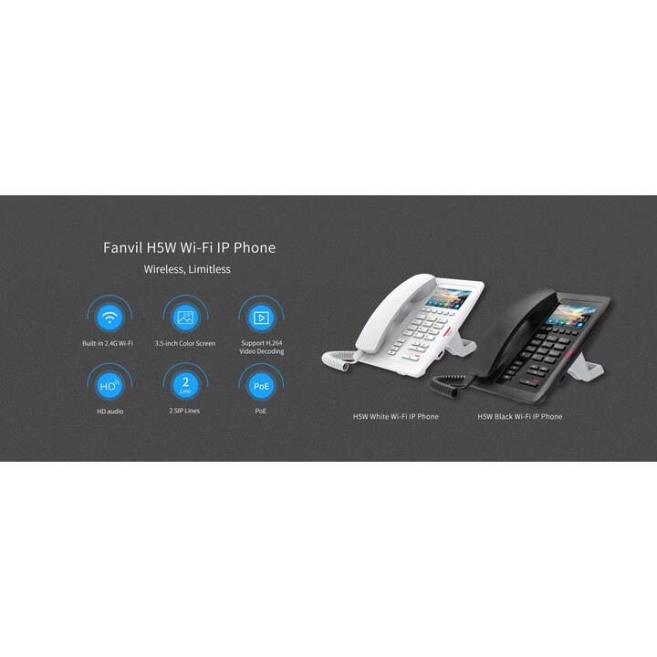 Fanvil H5W Wi-Fi IP Phone, 3.5 Color Screen, 2 SIP Lines, Ideal for Hospital, Shopping Mall, Hotel, White
