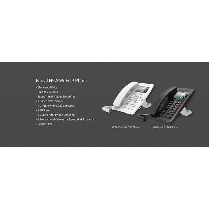 Fanvil H5W Wi-Fi IP Phone, 3.5 Color Screen, 2 SIP Lines, Ideal for Hospital, Shopping Mall, Hotel, White
