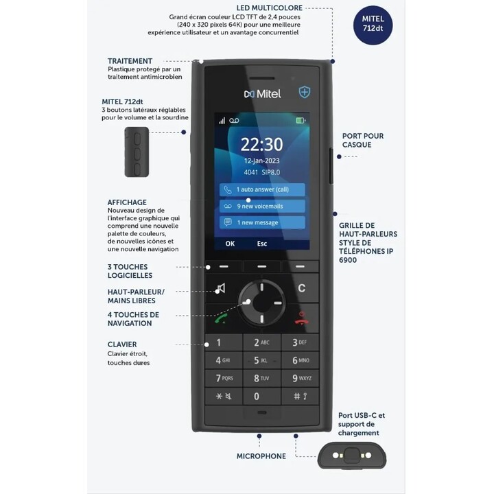 Mitel 712dt, solo teléfono el teléfono Mitel DECT se vende por separado revestimiento antimicrobiano y pantalla a color de 2,4