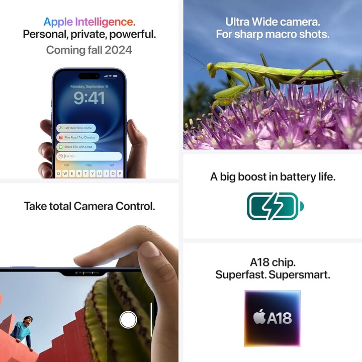 Apple iPhone 16 Plus 128GB, teléfono móvil 5G con Apple Intelligence, control de cámara, chip A18, Azul Ultramarino