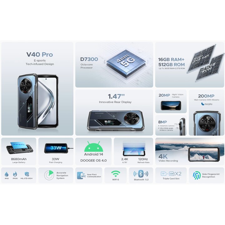 Doogee V40 Pro 5G, robustes Telefon, 6,78-Zoll-Bildschirm, 16GB RAM, 512 GB Speicher, blaue Farbe