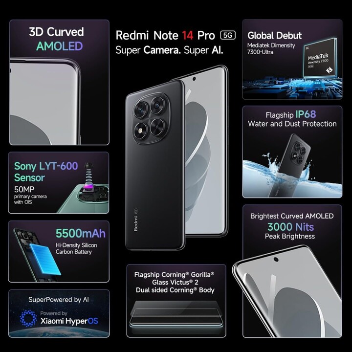 Xiaomi Redmi Note 14 Pro 5G, 8 + 256 GB, câmera AI de 200 MP, bateria de 5110 mAh, recursos AI, preto