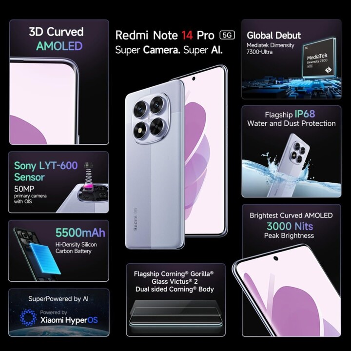 Xiaomi Redmi Note 14 Pro 5G, 12+512GB, 200MP AI camera, 5110mAh battery, AI features, Purple