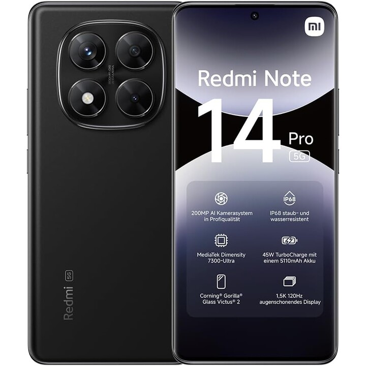 Xiaomi Redmi Note 14 Pro 5G, 12+512 GB, 200 MP AI-Kamera, 5110 mAh Akku, AI-Funktionen, Schwarz