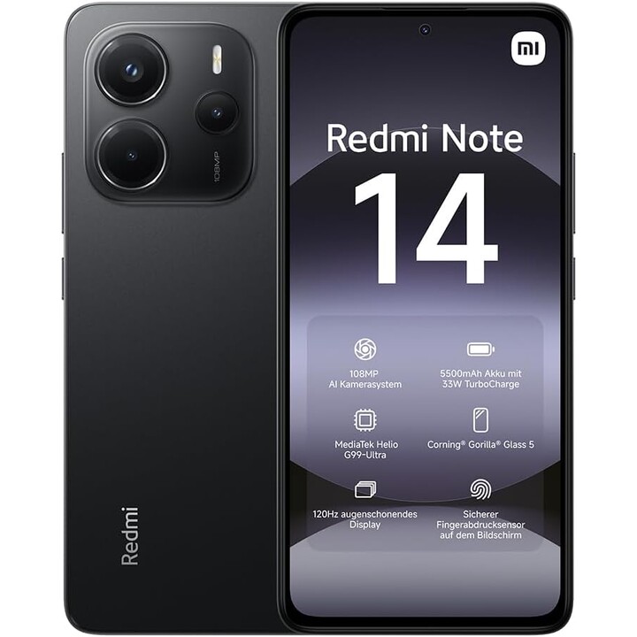 Xiaomi Redmi Note 14, 8+256GB, 108MP AI camera system, 5500mAh battery, AI features, Black