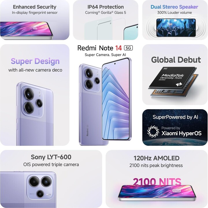 Xiaomi Redmi Note 14 5G, 8+256GB, 108MP AI camera system, 5500mAh battery, AI features, Purple