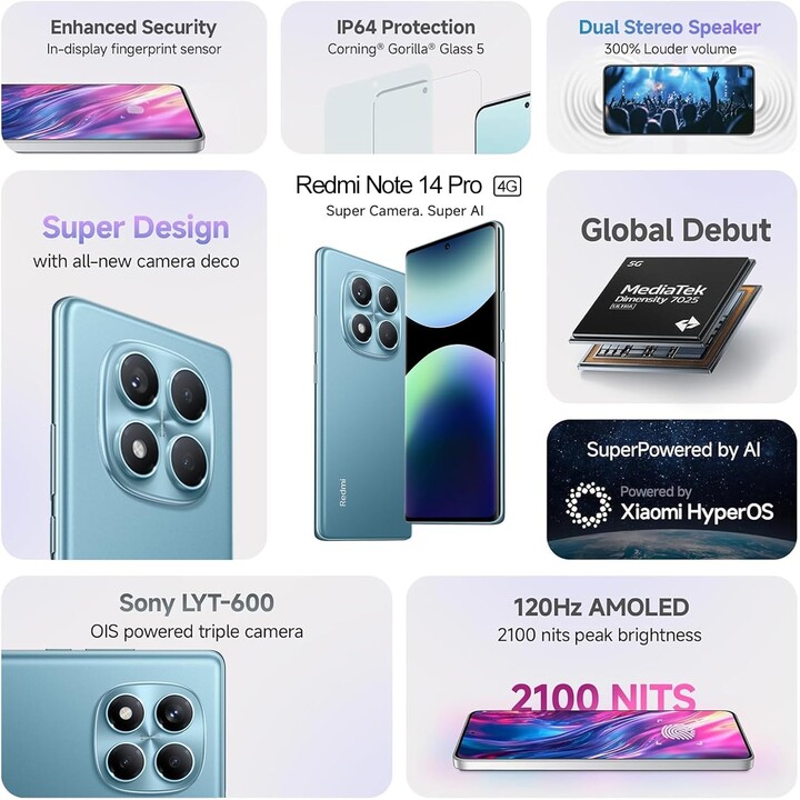 Xiaomi Redmi Note 14 Pro, 4G Smartphone 12+512GB, 50 Million Pixels, NFC Function, Blue