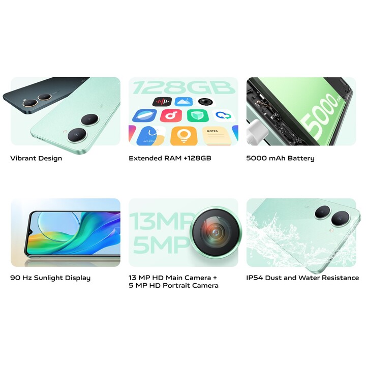 Vivo Y03, 4GB 128GB, 6.56 LCD Smartphone, Mediatek Helio G85, 5000mAh, Gem Green