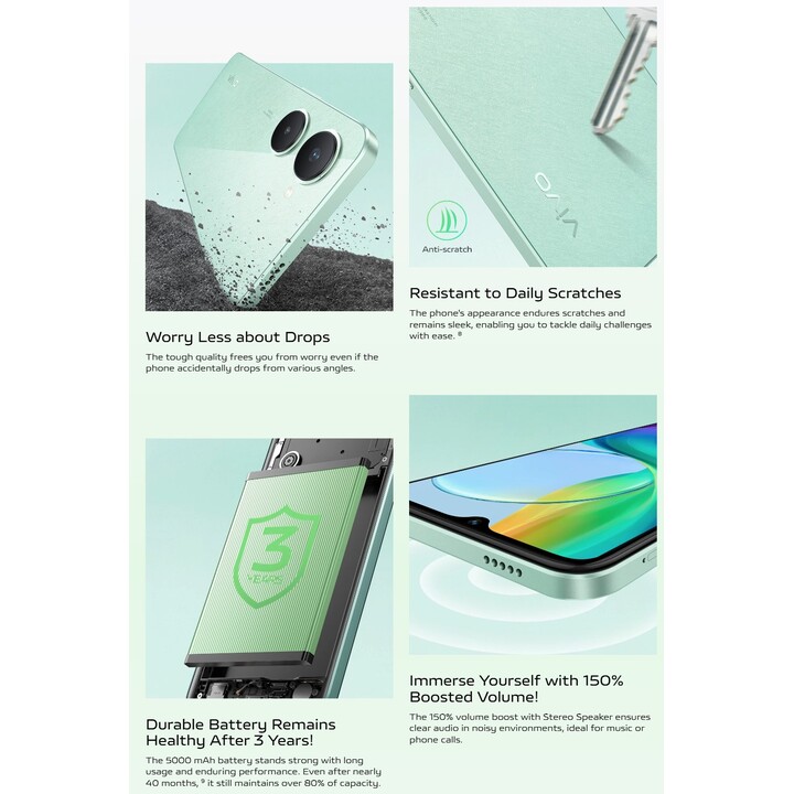 Vivo Y03, 4 Go 128 Go, 6,56 Smartphone LCD, MediaTek Helio G85, 5000mAh, Gemme vert