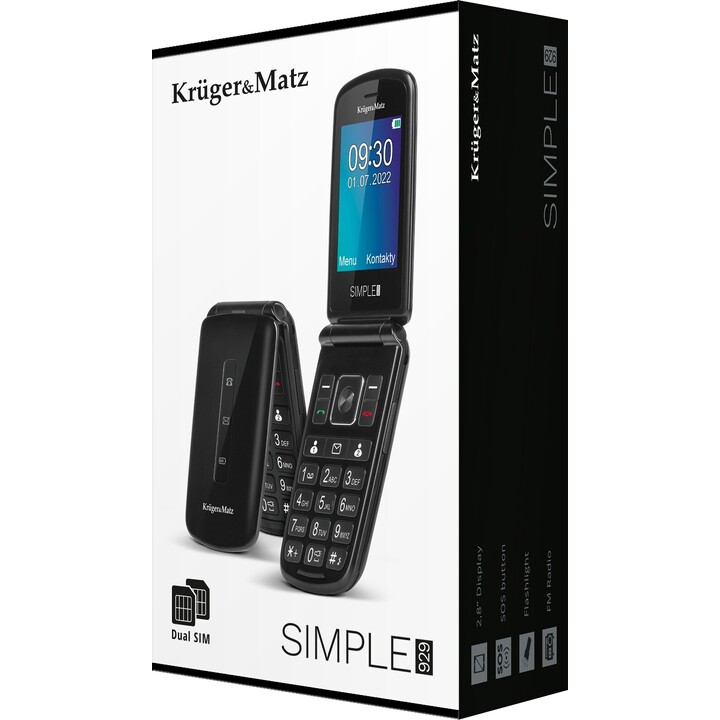 Kruger & Matz Simple 92, telefone GSM para idosos, preto