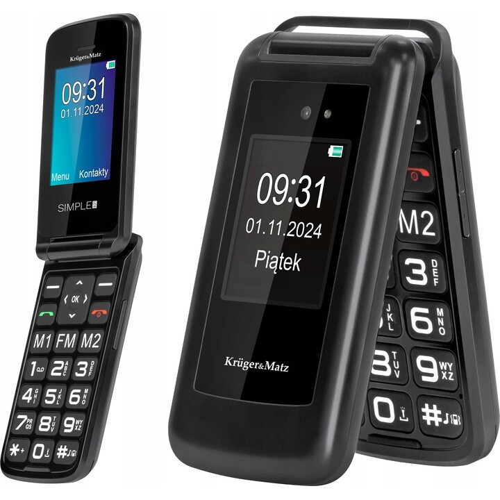 Kruger&Matz Simple 931, 4G SENIOR PHONE, Flip, 2 Screens, Loud, SOS, Black