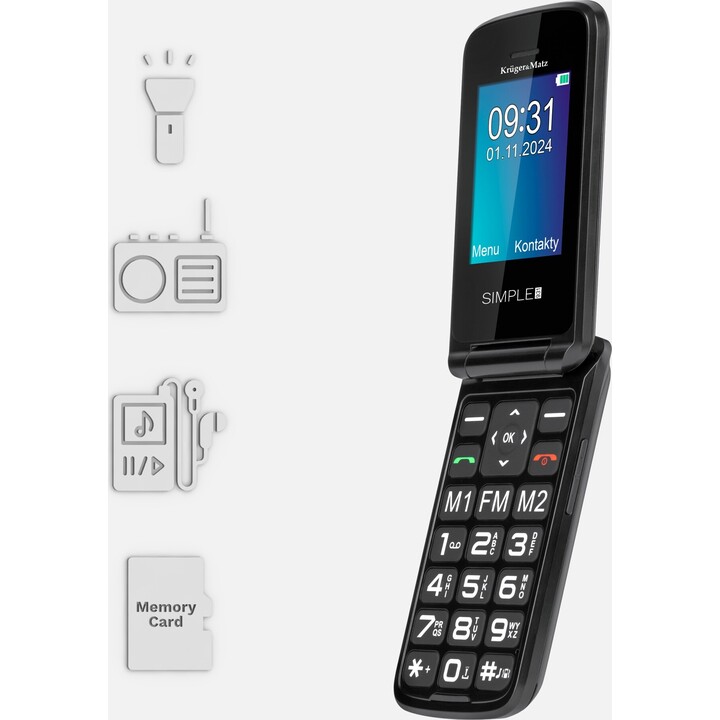 Kruger&Matz Simple 931, 4G SENIOR PHONE, Flip, 2 Screens, Loud, SOS, Black