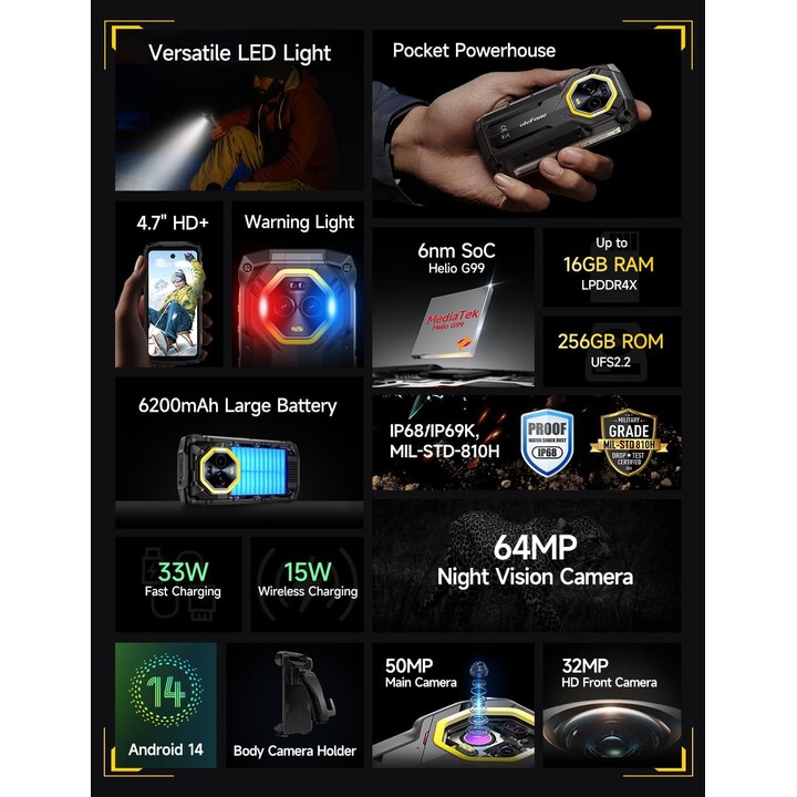 Ulefone Armor Mini 20 4G, 16GB+256GB, 6200mAh, carga inalámbrica, 64MP+50mp Cámara visión nocturna, 4.7 HD+90Hz, IP68, NFC GPS
