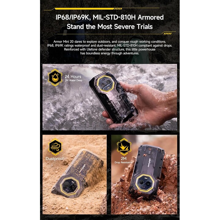 Ulefone Armor Mini 20 4G, 16GB+256GB, 6200mAh, carga inalámbrica, 64MP+50mp Cámara visión nocturna, 4.7 HD+90Hz, IP68, NFC GPS