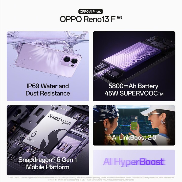 Oppo Reno13 F 5G, 8 + 256 Go, smartphone avec IA, 6,67 écran AMOLED, violet