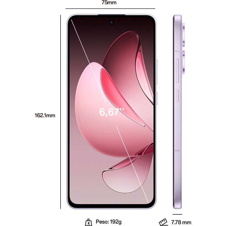 Oppo Reno13 fs, 5G -Smartphone mit AI, 12 GB/512 GB, 6,67 120 Hz AMOLED 50 MP IP69 5.800 MAH 45W, Lila