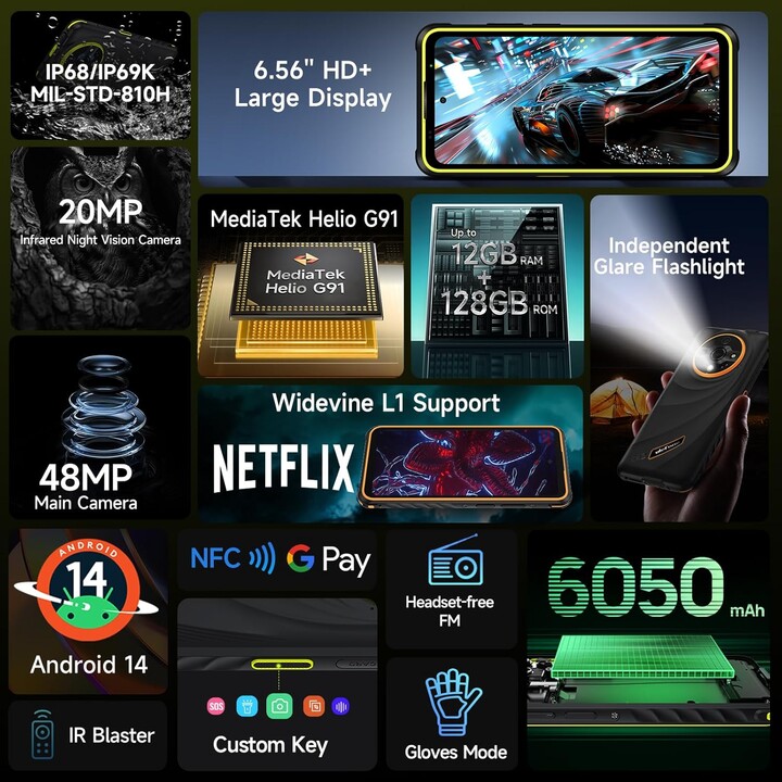 Ulefone Armor X31, 12GB+128GB, Rugged Phone, 48MP+20MP Main Camera, 6050mAh, 6.56 Display, Black