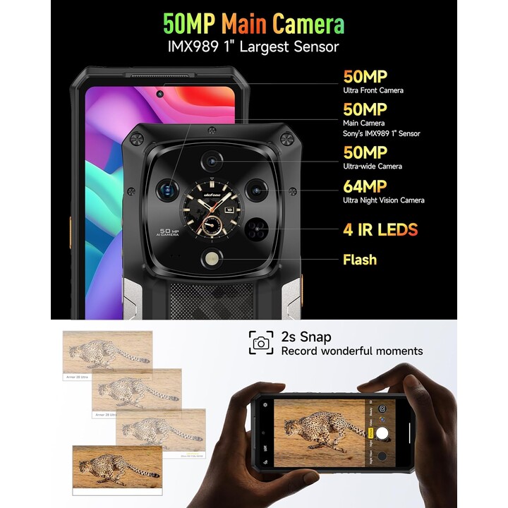 Ulefone Armor 28 Ultra 5G, 32GB+1024GB/2TB, teléfono resistente AI, 6,67 pantalla dual, 64+50+50mp, 10600mAh/120W, Video 8K, Wid