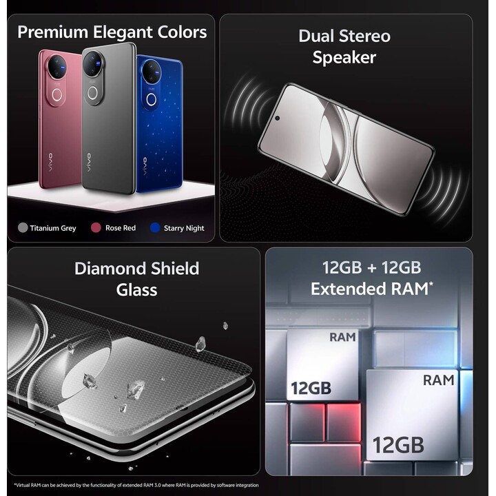 Vivo V50 5G, 12+12 GB RAM, 512 GB, Zeiss 50+50 MP Professionelle Kamera, 4K -Video, 90 -W -Blitzladung, 6,77 Amoled, IP69, Schwa