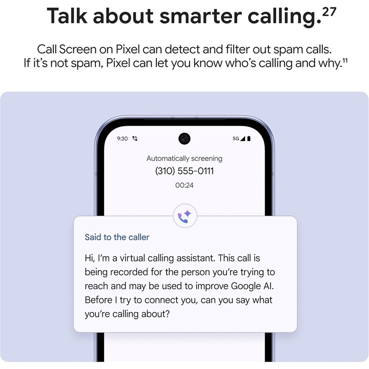 Google Pixel 9A, 8 + 128 Go, 5G, Caméra AI, Bluetooth, WiFi 6E, USB, NFC, Obsidian Noir