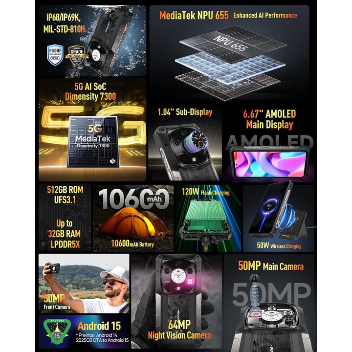 Ulefone Armor 28 Pro, 32GB+512GB/SD-2TB, 5G AI Smartphone, 6.67 FHD+ 120Hz AMOLED + 1.04 Sub-Screen, 10600mAh, Night Vision, NFC