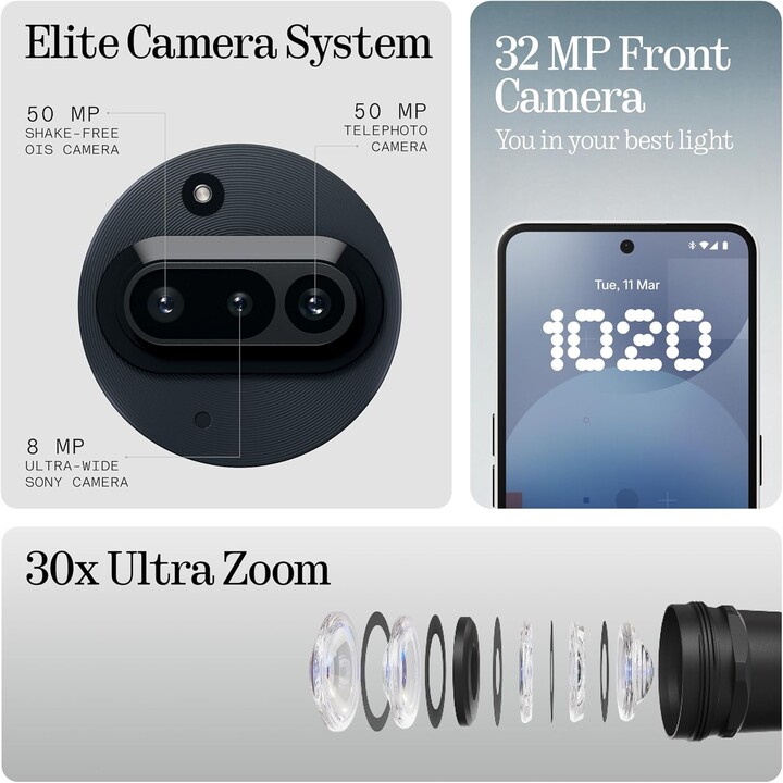 Nothing Phone 3a, 256GB, 32 MP front camera, 30x ultra zoom, 50W fast charging, 6.77 FHD+ AMOLED display, Black