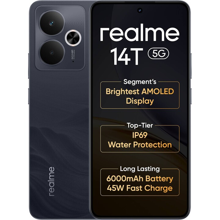 Realme 14T 5G, 8+256 GB, batteria da 5260 mAh, dimensità 6300, IP69, 50 MP, display AMOLED a 120Hz, nero