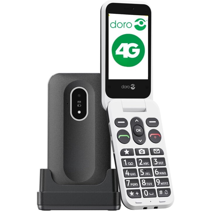 Doro Leva L20 4G, pantalla grande, sonido potente, cámara, botón SOS con GPS, incluida la estación de carga, negro