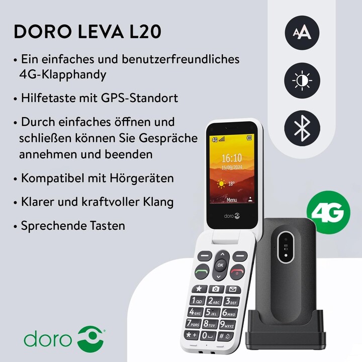 Doro Leva L20 4G, pantalla grande, sonido potente, cámara, botón SOS con GPS, incluida la estación de carga, negro