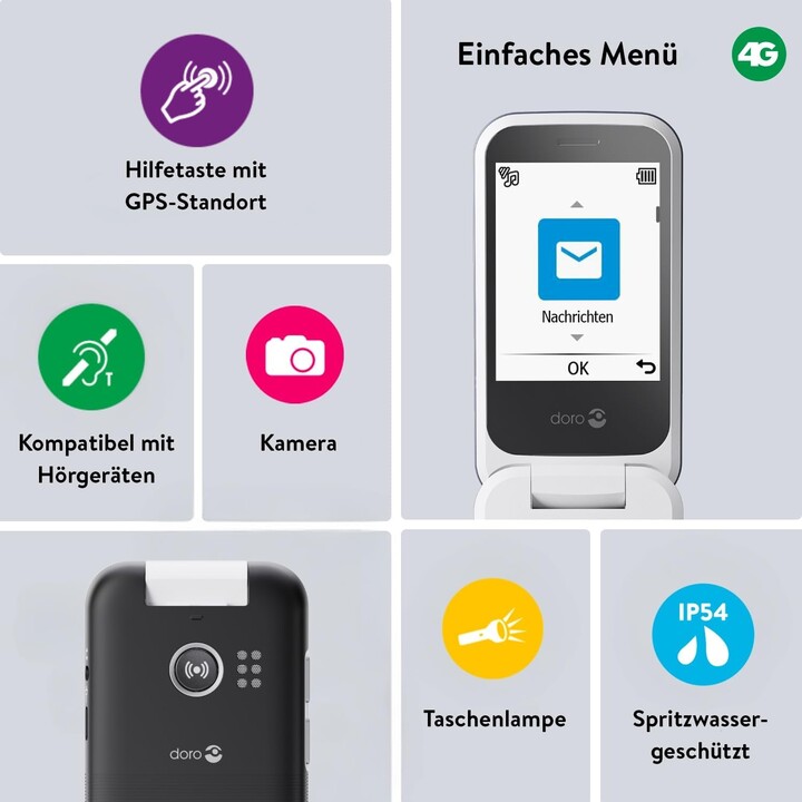 Doro Leva L20 4G, pantalla grande, sonido potente, cámara, botón SOS con GPS, incluida la estación de carga, negro