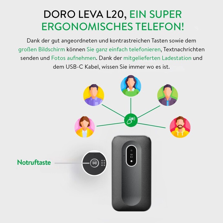 Doro Leva L20 4G, pantalla grande, sonido potente, cámara, botón SOS con GPS, incluida la estación de carga, negro