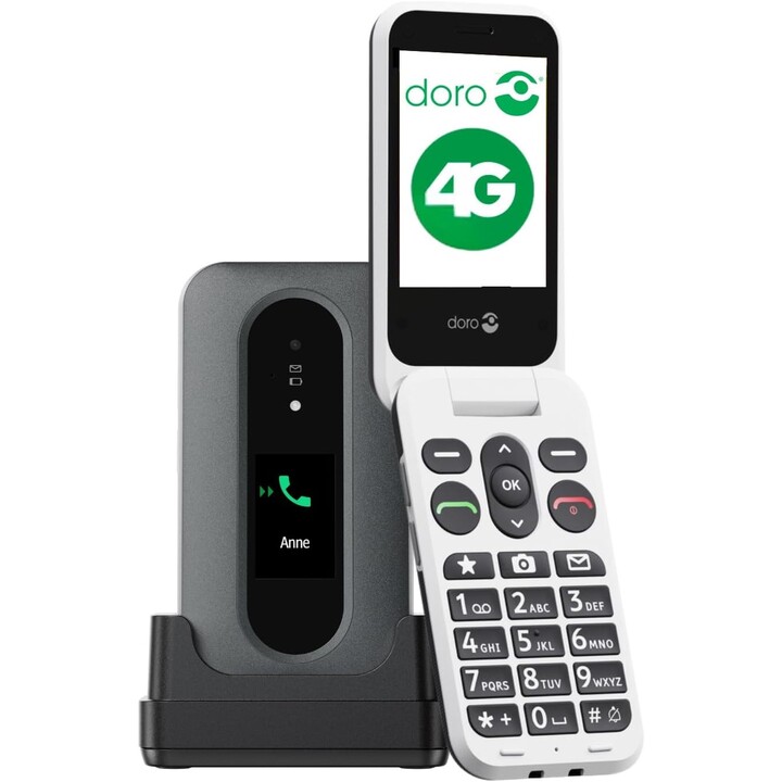 Doro Leva L30 4G, pantalla externa, calidad de audio HD, cámara, botón SOS con GPS, incluida la estación de carga, blanco