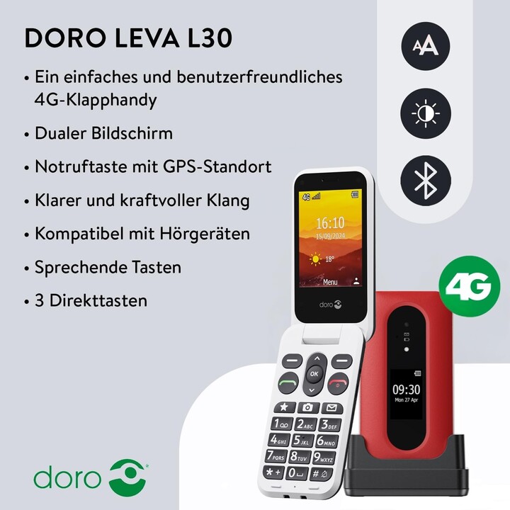 Doro Leva L30 4G, pantalla externa, calidad de audio HD, cámara, botón SOS con GPS, incluida la estación de carga, blanco