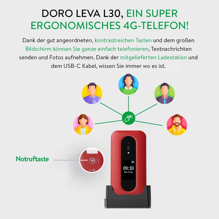 Doro Leva L30 4G, pantalla externa, calidad de audio HD, cámara, botón SOS con GPS, incluida la estación de carga, blanco