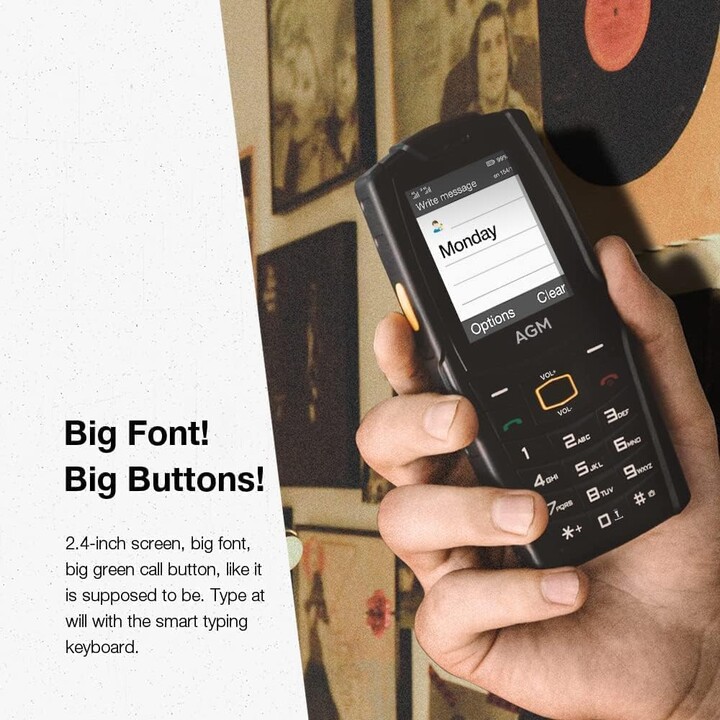 AGM M6, 4G Teléfono resistente, impermeable, botones grandes, altavoz potente de 109 dB, tarjetas SIM duales, 2500 mAh, negro