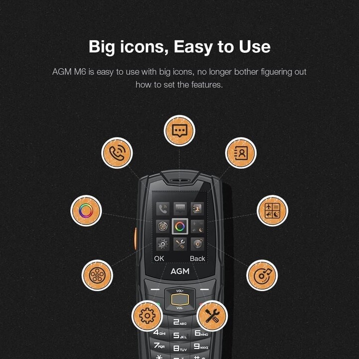 AGM M6, 4G Teléfono resistente, impermeable, botones grandes, altavoz potente de 109 dB, tarjetas SIM duales, 2500 mAh, negro