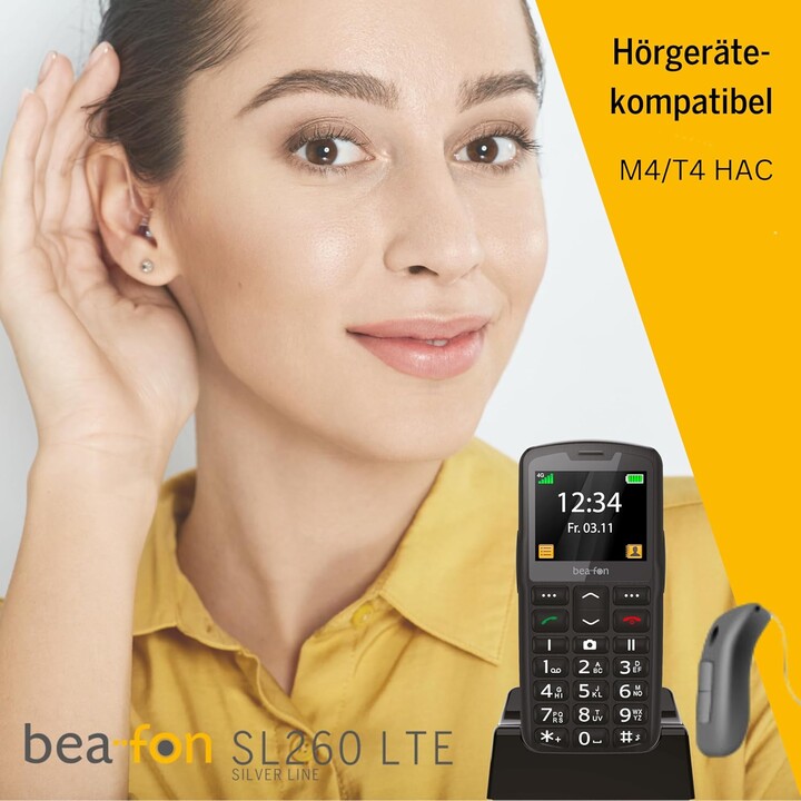 Beafon SL260 LTE 4G Silverline, SOS Call Button, Hearing Aid Compatible, M4/T4, Light Signal, Display 5,58 cm, Black