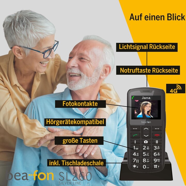 Beafon SL260 LTE 4G Silverline, SOS Call Button, Hearing Aid Compatible, M4/T4, Light Signal, Display 5,58 cm, Black