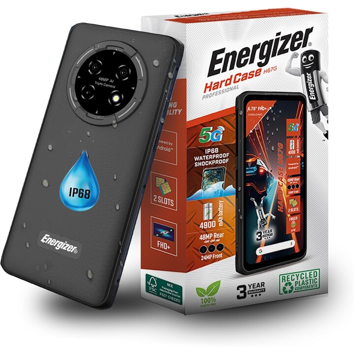 Energizer H67G 5G, 128GB ROM, 4GB RAM, 6.78-inch display, 4900mAh Battery, Waterproof and Shockproof, Black