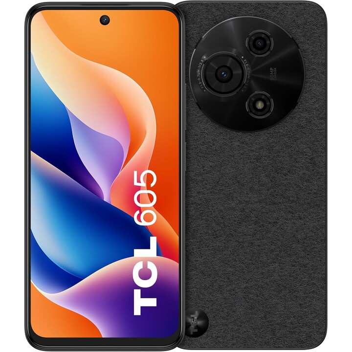 TCL 605, 128GB ROM, 4GB de RAM (+8GB de expansión), 6.67 HD+, cámara de 50mp, batería de 5200 mAh, Android 15, Sim dual, negro